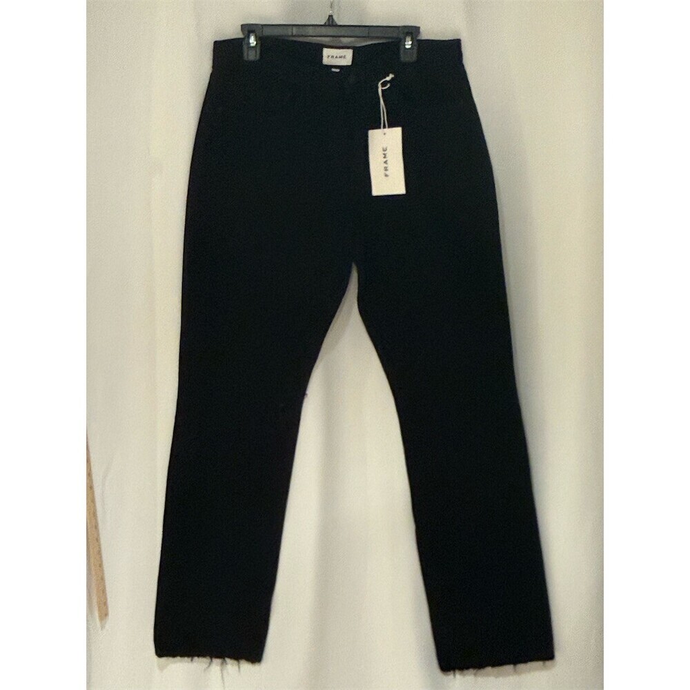 FRAME The Straight Baggy Jeans Womens Size 32 Black Wide-Leg Raw Hem